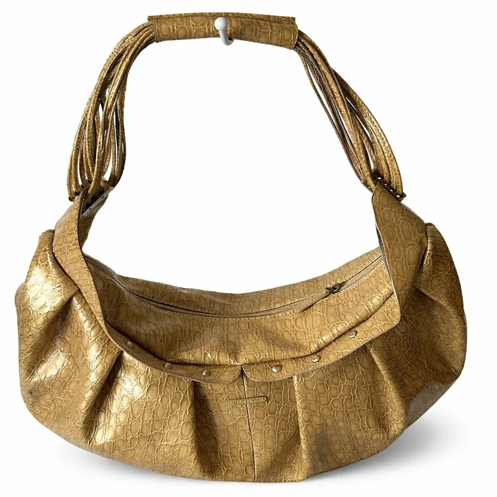 Charlie Lapson Metallic Gold Croc Embossed Hobo Shoulder Bag